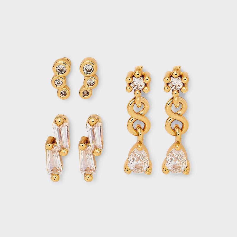 slide 1 of 3, Drop and Stud Earring Set 3pc - A New Day™ Gold: Hypoallergenic Linear and Stud Earrings, Glass Material, Post Closure, 3 ct