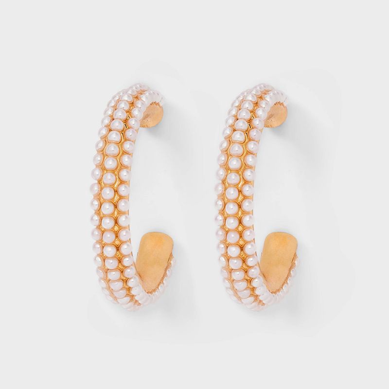 slide 1 of 3, Pearl Hoop Earrings - A New Day™ Gold: Hypoallergenic Zinc, Post Closure, 1.05" Length, 0.015 lbs, 0.015 lb