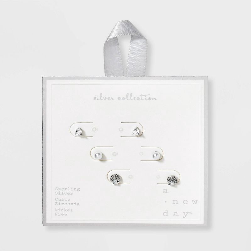 slide 2 of 3, Pearl Shell Cubic Zirconia Stud Earring Set 3pc - A New Day™ Silver: Polished Sterling, Nickel-Free, Fashion Jewelry, 3 ct