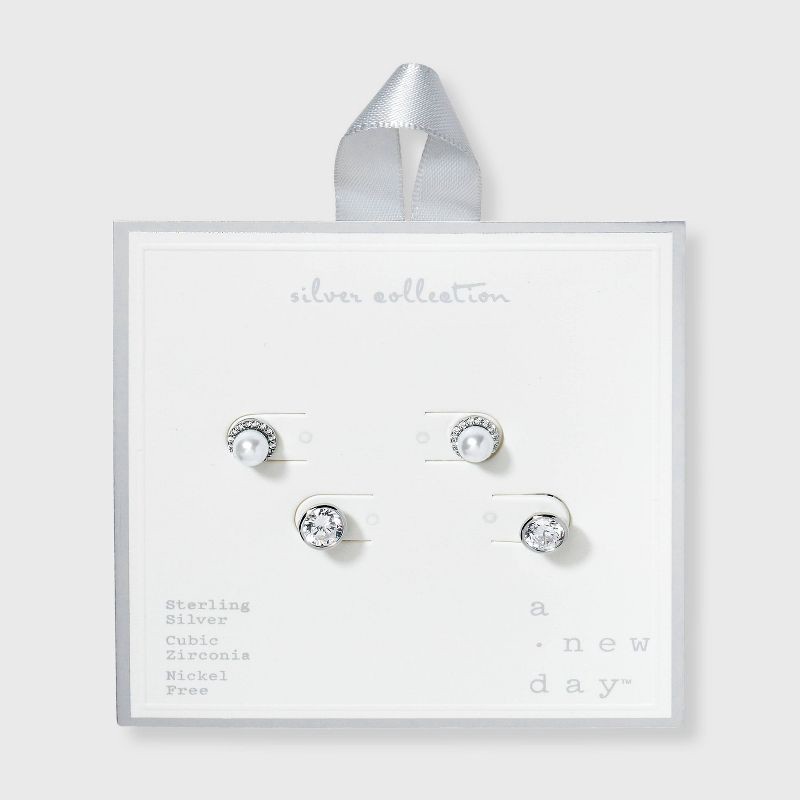 slide 2 of 3, Halo Pearl and Large Round Bezeled Cubic Zirconia Stud 2pc Earrings - A New Day™, 2 ct