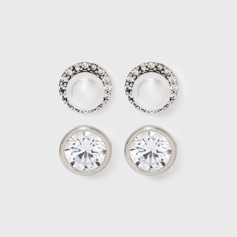 slide 1 of 3, Halo Pearl and Large Round Bezeled Cubic Zirconia Stud 2pc Earrings - A New Day™, 2 ct