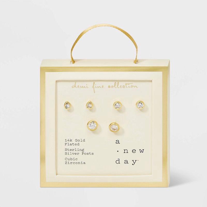 slide 2 of 3, Bezeled Stud Earring Set 3pc - A New Day™ Gold: Brass, Sterling Silver, Nickel-Free, Cubic Zirconia, 14K Gold Over Brass, 3 ct