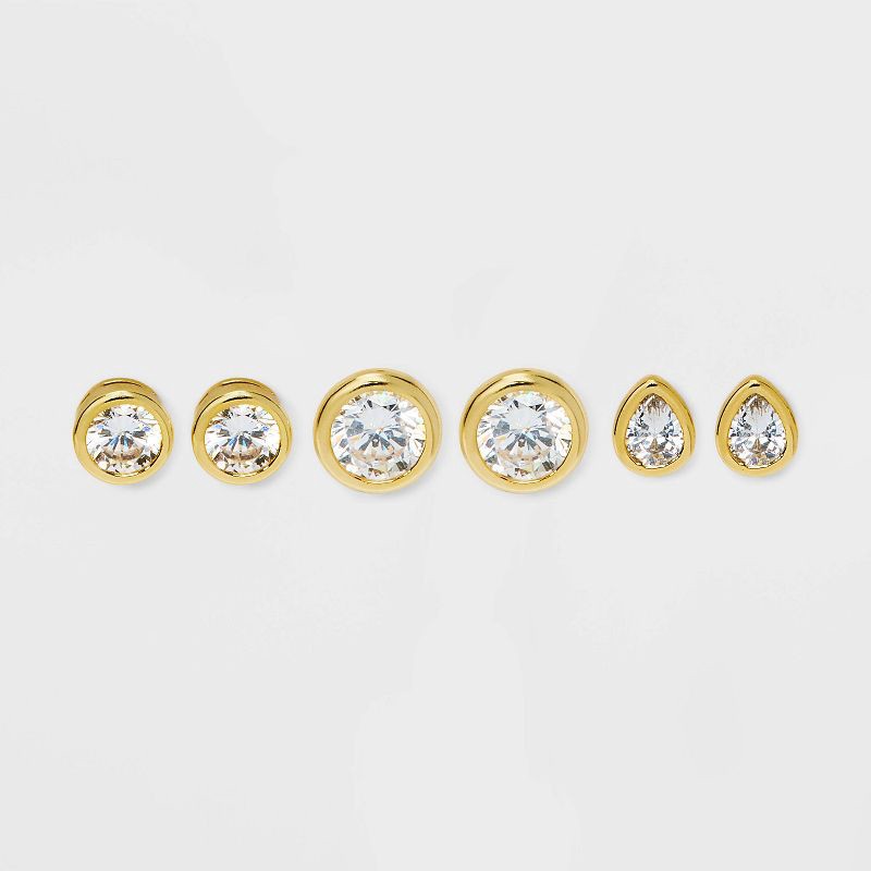 slide 1 of 3, Bezeled Stud Earring Set 3pc - A New Day™ Gold: Brass, Sterling Silver, Nickel-Free, Cubic Zirconia, 14K Gold Over Brass, 3 ct