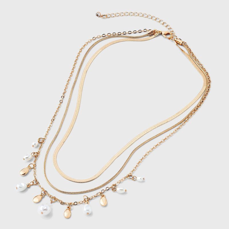 slide 3 of 4, Pearl Charm Multi-Strand Necklace - A New Day™ - Gold/Ivory: Nickel-Free Metal, Lobster Claw Clasp, 16" Length, 1 ct