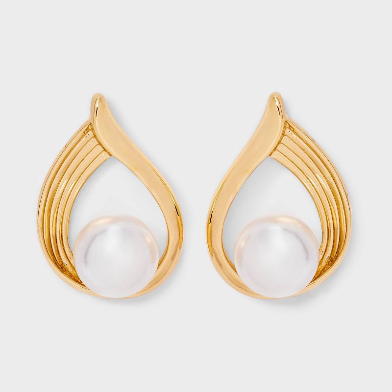 slide 1 of 3, Elegant Pearl Drop Earrings - A New Day™ Pearl/Gold: Nickel-Free Metal, Post Closure, 0.99" Length, 0.67" Width, 1 ct