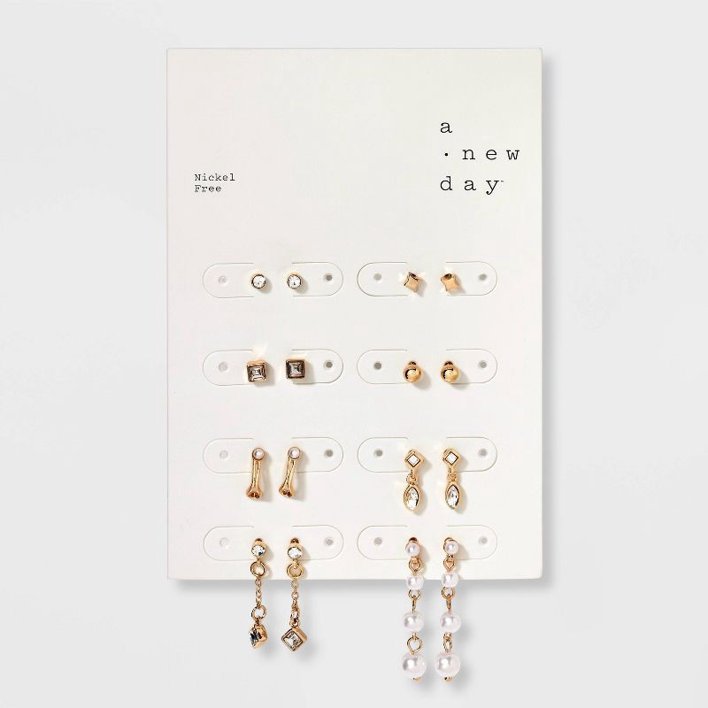 slide 2 of 3, Hoop and Stud Earring Set 8pc - A New Day™ Gold: Post Closure, Recycled Zinc, Drop, Linear, Stud Styles, 8 ct