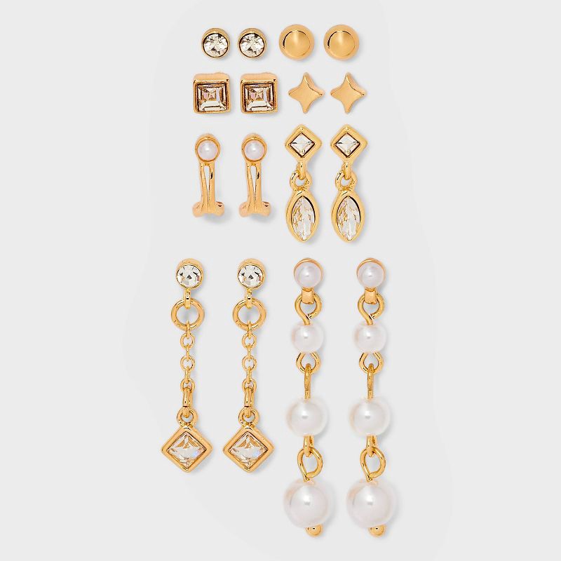 slide 1 of 3, Hoop and Stud Earring Set 8pc - A New Day™ Gold: Post Closure, Recycled Zinc, Drop, Linear, Stud Styles, 8 ct