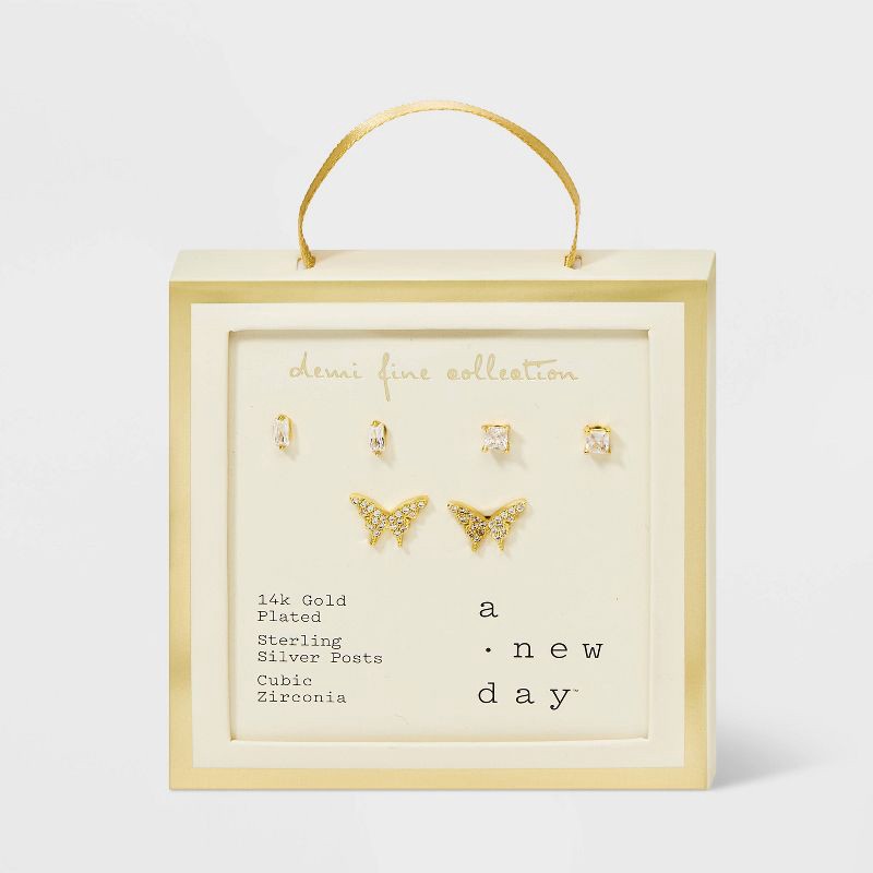 slide 2 of 3, Rectangle and Square Butterfly Stud Earring Set 3pc - A New Day™ Gold: Brass, Sterling Silver, Cubic Zirconia, 3 ct