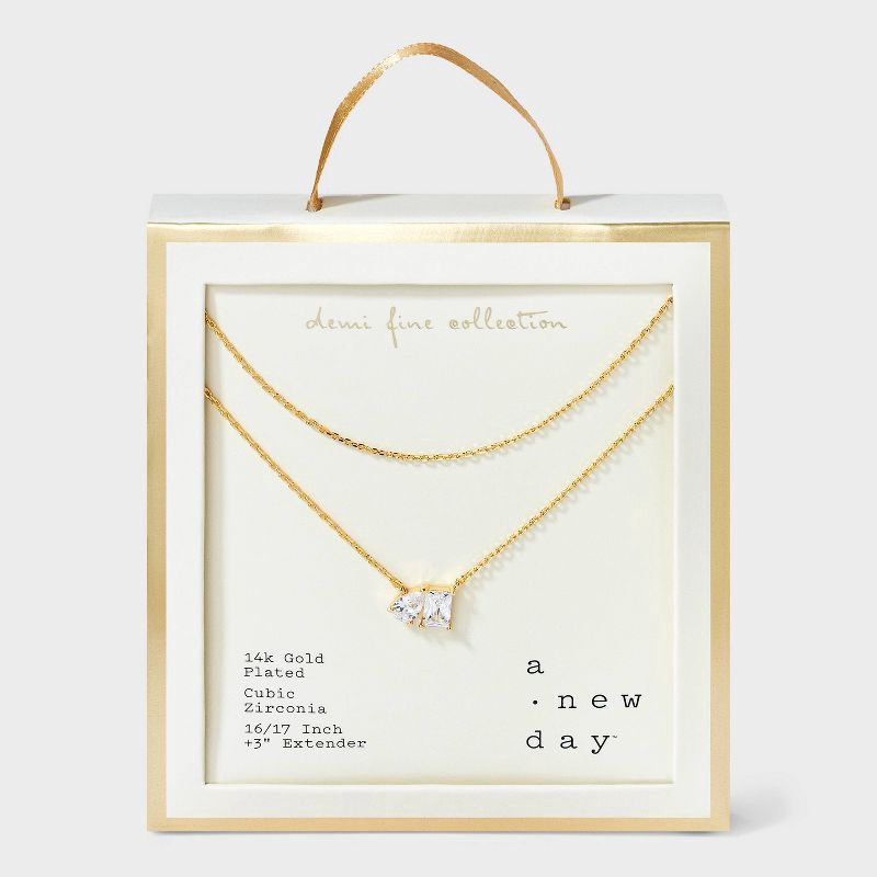 slide 1 of 4, 14K Gold Plated Cubic Zirconia Cluster Multi-Strand Necklace - A New Day™ - Gold: Brass, Lobster Claw Clasp, 17" Length, 1 ct