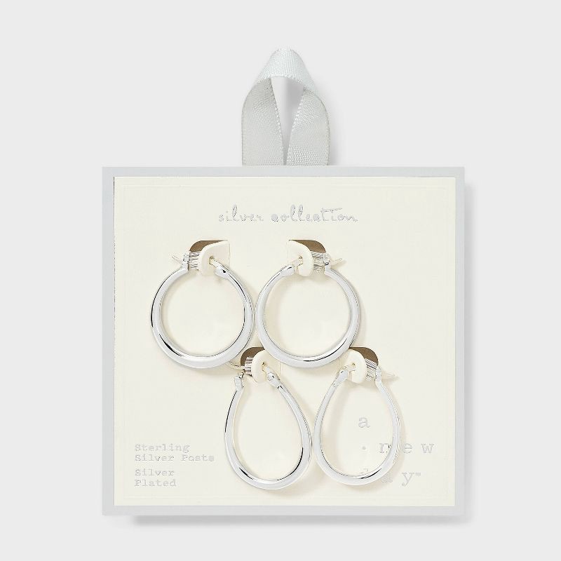 slide 2 of 3, Silver Plated Circle and Oval Hoop Earring Set 2pc - A New Day™: Brass, Nickel-Free, Hinge Closure, Gift Box Included, 2 ct
