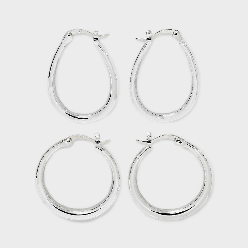 slide 1 of 3, Silver Plated Circle and Oval Hoop Earring Set 2pc - A New Day™: Brass, Nickel-Free, Hinge Closure, Gift Box Included, 2 ct