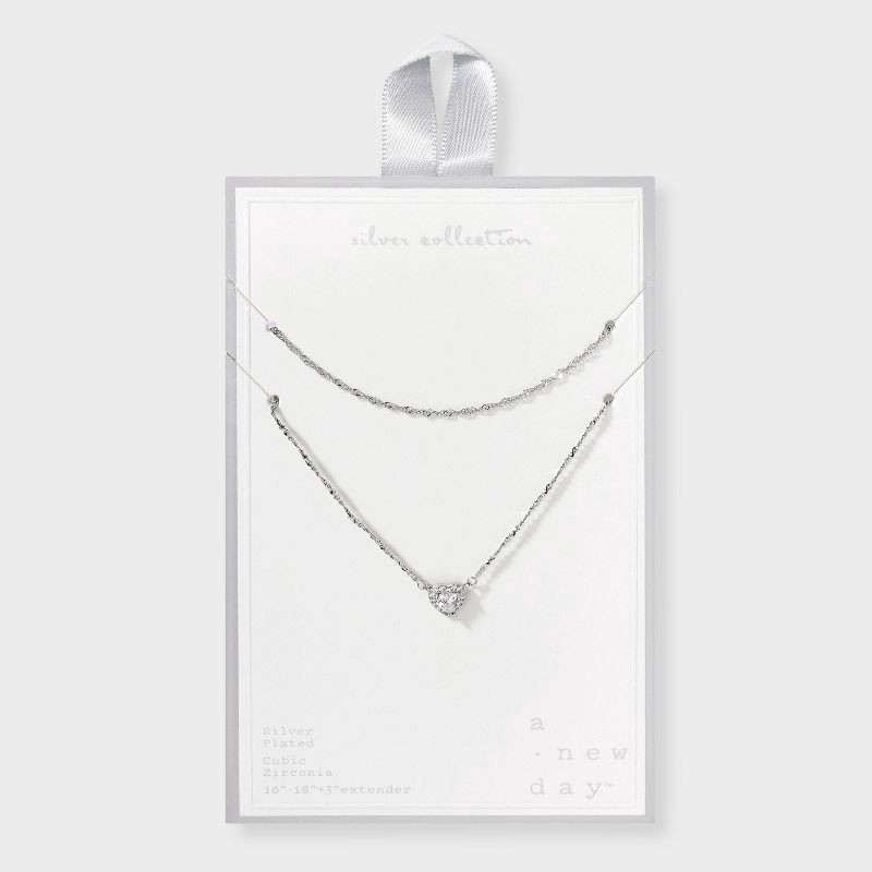 slide 4 of 4, Silver Plated Halo Heart Cubic Zirconia Multi-Strand Necklace - A New Day™: Brass, Nickel-Free, 21" Length, 1 ct