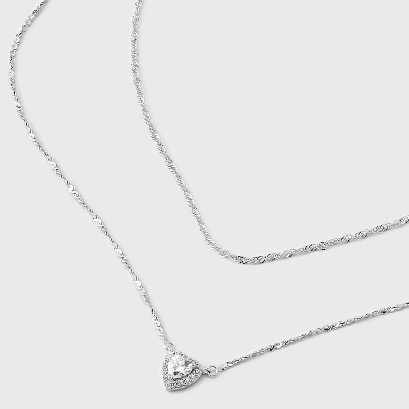 slide 1 of 4, Silver Plated Halo Heart Cubic Zirconia Multi-Strand Necklace - A New Day™: Brass, Nickel-Free, 21" Length, 1 ct