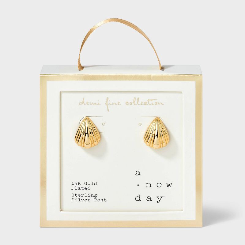 slide 1 of 3, 14K Gold Plated Shell Stud Earrings - A New Day™ Gold: Nickel-Free, Polished Finish, Gift Box Included, 1 ct