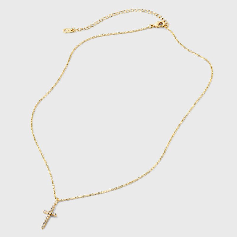 slide 3 of 4, 14K Gold Plated Cubic Zirconia Cross Pendant Necklace - A New Day™: Brass, Lobster Claw Clasp, 16" Length, 1 ct