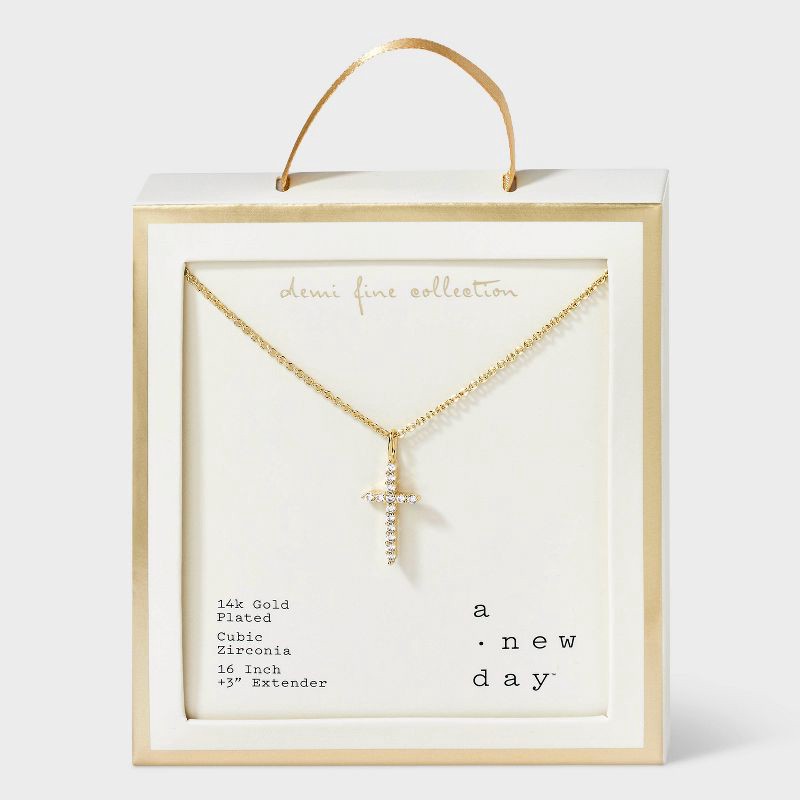 slide 4 of 4, 14K Gold Plated Cubic Zirconia Cross Pendant Necklace - A New Day™: Brass, Lobster Claw Clasp, 16" Length, 1 ct