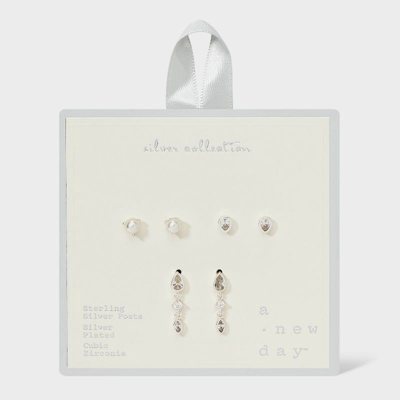 slide 2 of 3, Silver Plated Pearl Bezzled Cubic Zirconia Dangle Stud Earring Set 3pc - A New Day™: Brass, Nickel-Free, Gift Box Included, 3 ct