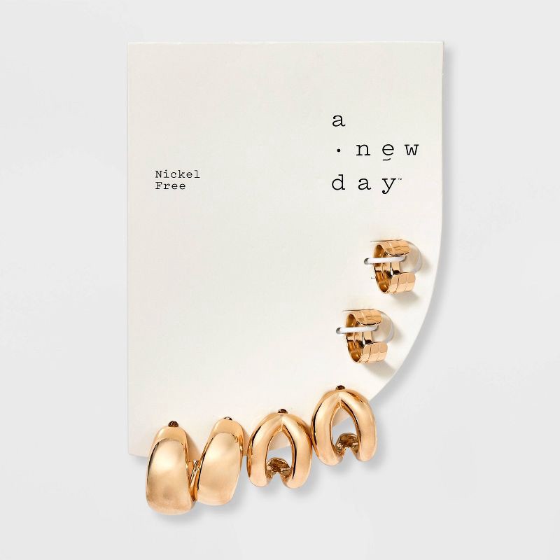 slide 2 of 3, Chunky Hoop Earring Set 3pc - A New Day™ Gold: Nickel-Free Metal, Post Closure, 0.74" Length, 3 ct