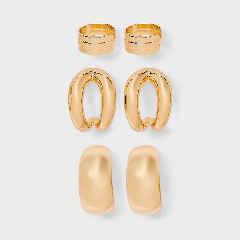 slide 1 of 3, Chunky Hoop Earring Set 3pc - A New Day™ Gold: Nickel-Free Metal, Post Closure, 0.74" Length, 3 ct