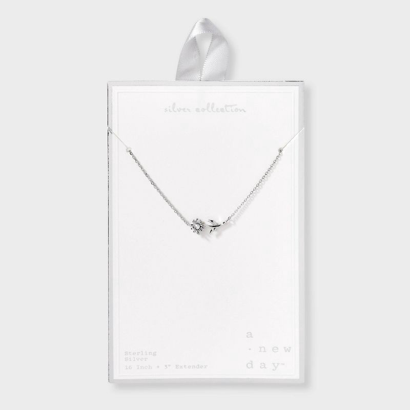 slide 1 of 4, Sterling Silver Dainty Sunflower with Pearl Necklace - A New Day™: Cable Chain, Spring Ring Clasp, Polished Finish, 19" Length, 1 ct