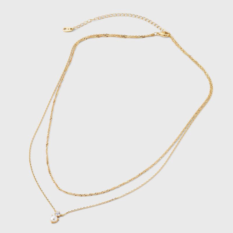 slide 3 of 4, 14K Gold Plated Cubic Zirconia and Pearl Drop Multi-Strand Necklace - A New Day™: Brass, Lobster Claw Clasp, 1 ct