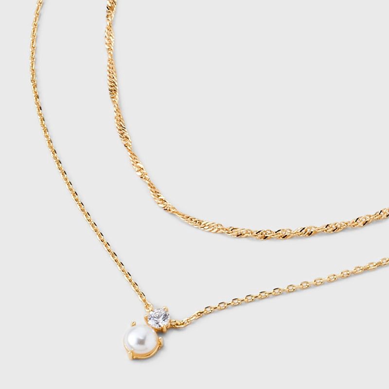 slide 4 of 4, 14K Gold Plated Cubic Zirconia and Pearl Drop Multi-Strand Necklace - A New Day™: Brass, Lobster Claw Clasp, 1 ct