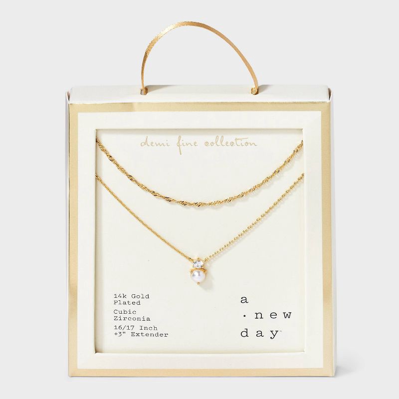 slide 1 of 4, 14K Gold Plated Cubic Zirconia and Pearl Drop Multi-Strand Necklace - A New Day™: Brass, Lobster Claw Clasp, 1 ct