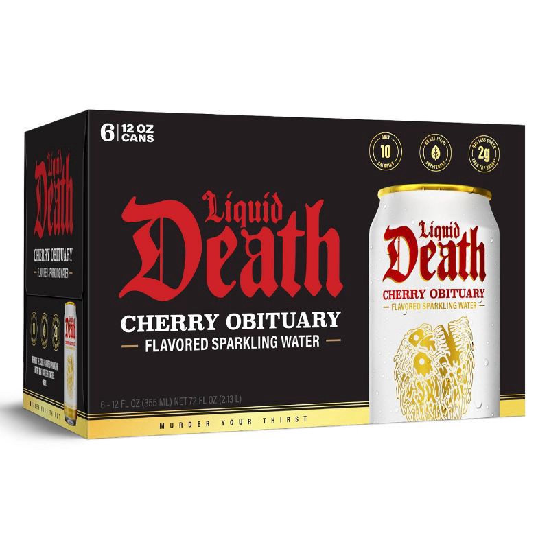 slide 3 of 7, Liquid Death Cherry Obituary Sparkling Water - 6pk/12 fl oz Cans, 6 ct; 12 fl oz