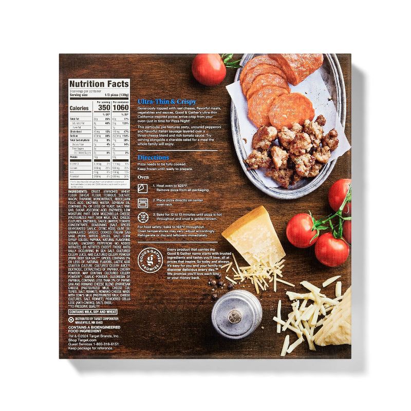 slide 2 of 4, Thin Crust Uncured Pepperoni and Sausage Frozen Pizza - 14.7oz - Good & Gather™, 14.7 oz