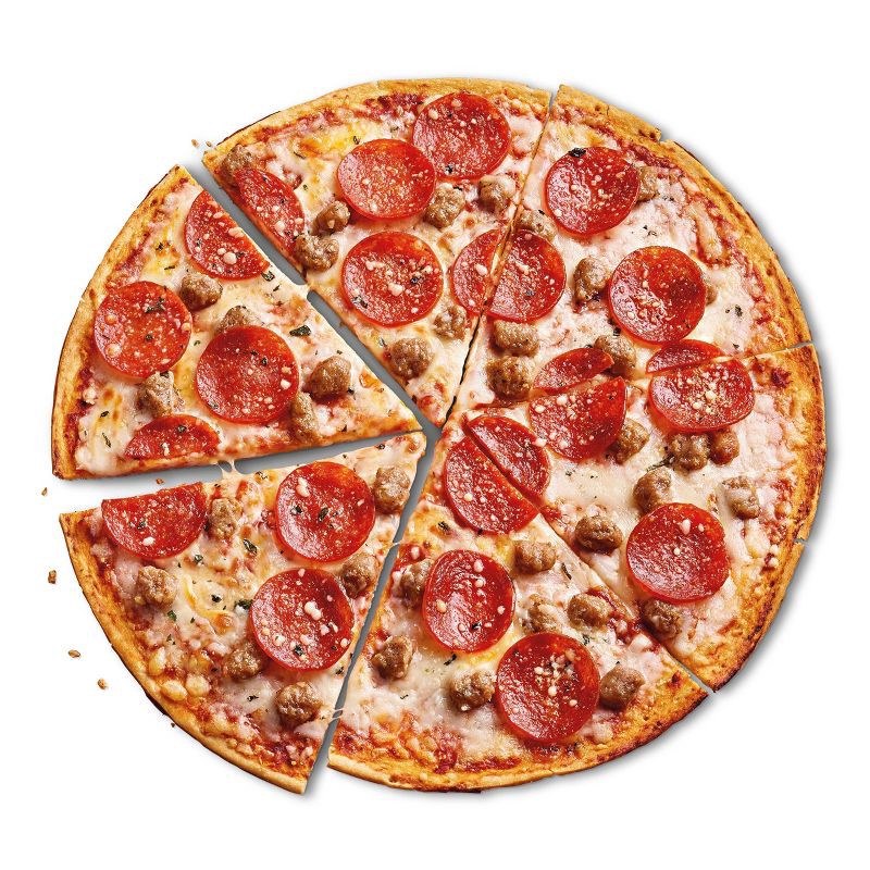slide 3 of 4, Thin Crust Uncured Pepperoni and Sausage Frozen Pizza - 14.7oz - Good & Gather™, 14.7 oz