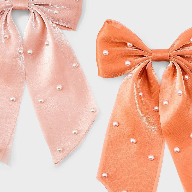 slide 2 of 2, Shimmer Chiffon Hair Bow with Pearls Set 2pc - A New Day™: Solid Pattern, Recycled Polyester, All Hair Types, 2 ct