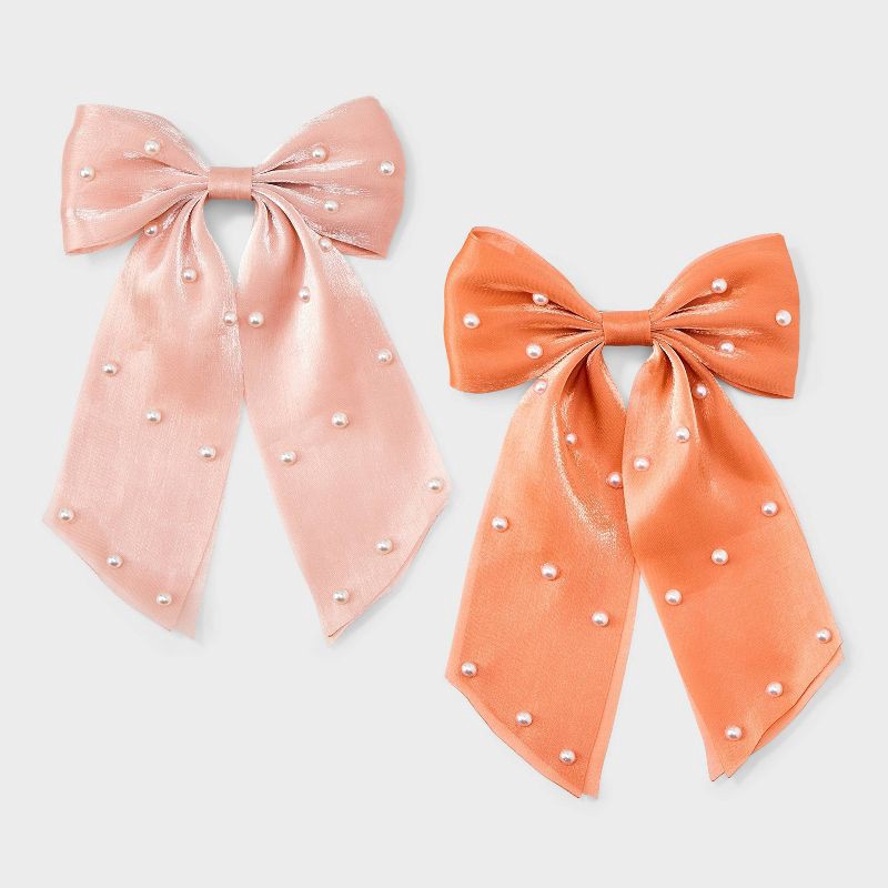 slide 1 of 2, Shimmer Chiffon Hair Bow with Pearls Set 2pc - A New Day™: Solid Pattern, Recycled Polyester, All Hair Types, 2 ct