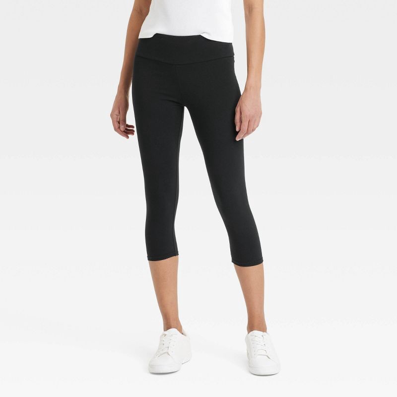 slide 1 of 3, Women's High Rise Cotton Capri Leggings - A New Day™ Black L: Midweight, Wide Waistband, Stretch Woven, 1 ct