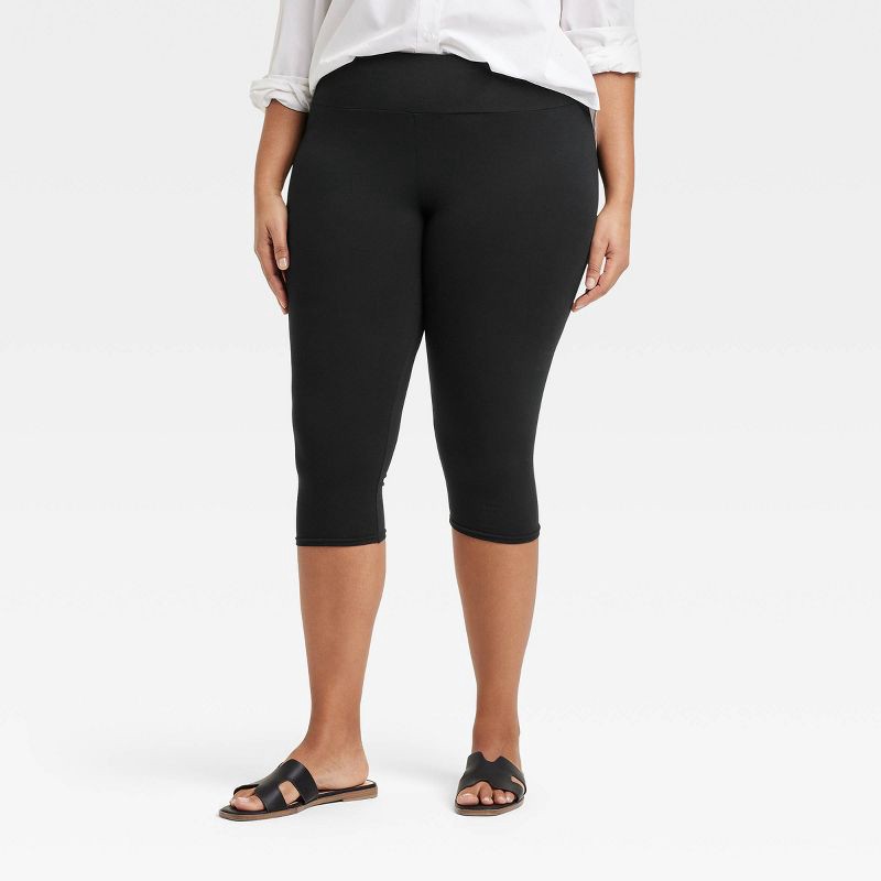 slide 1 of 3, Women's High Rise Cotton Capri Leggings - A New Day™ Black 1X: Midweight, Wide Waistband, Stretch Woven, 1 ct