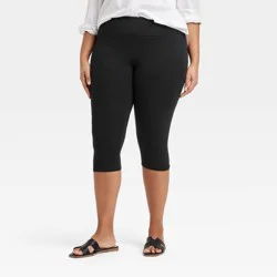 Women's High Rise Cotton Capri Leggings - A New Day™ Black 1X: Midweight, Wide Waistband, Stretch Woven