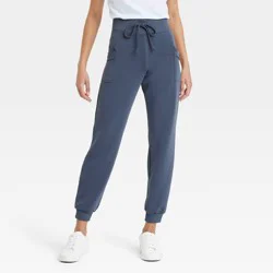 Women's Cargo Joggers with Side Pockets - A New Day™ Navy Blue M: Relaxed Fit, High Rise, Drawstring Waistband, Ribbed Cuff