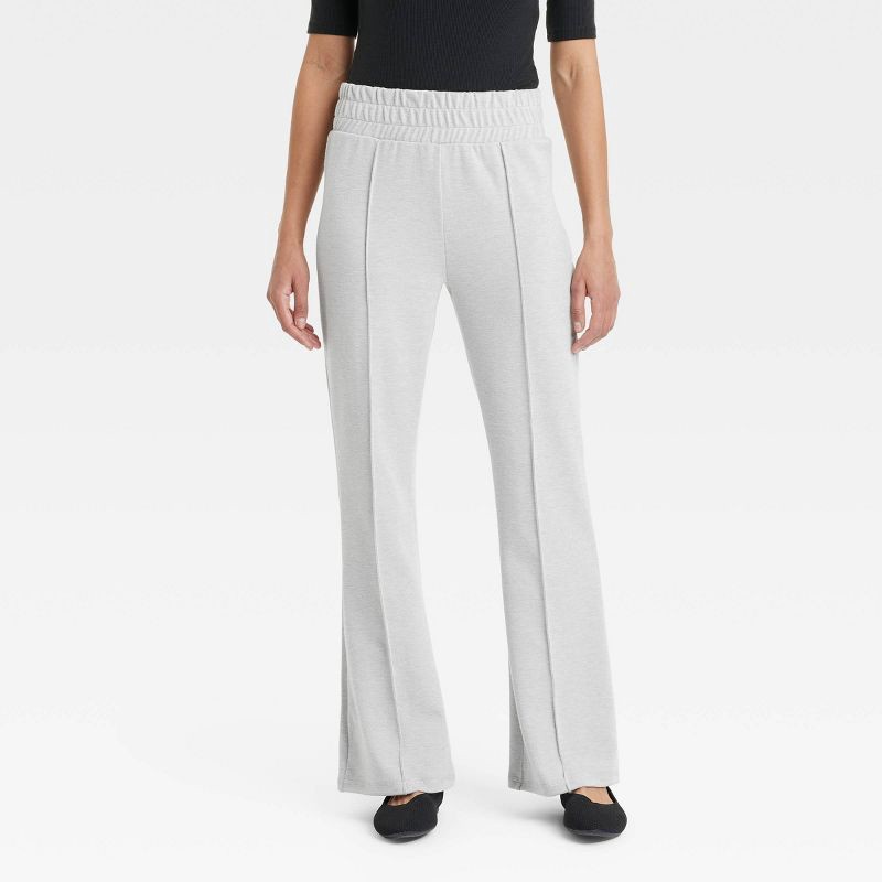 slide 1 of 3, Women's Cozy Wide Leg Flare Pants with Front Seam and Smocked Waistband - A New Day™ Heather White L: High Rise, Relaxed Fit, Power Stretch, 1 ct