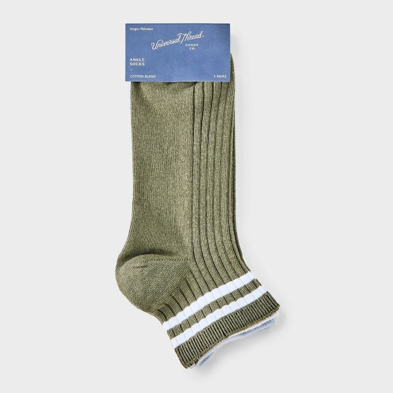 slide 2 of 3, Women's Varsity Striped Ribbed 3pk Ankle Socks - Universal Thread™ Olive /White/Light Blue 4-10: Cotton Blend, Tagless, Smooth Toe Seams, 3 ct