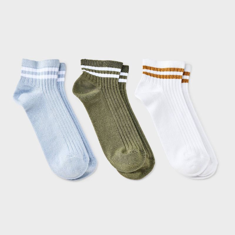 slide 1 of 3, Women's Varsity Striped Ribbed 3pk Ankle Socks - Universal Thread™ Olive /White/Light Blue 4-10: Cotton Blend, Tagless, Smooth Toe Seams, 3 ct