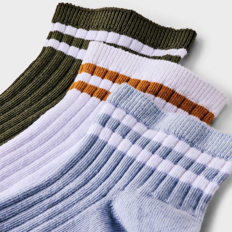 slide 3 of 3, Women's Varsity Striped Ribbed 3pk Ankle Socks - Universal Thread™ Olive /White/Light Blue 4-10: Cotton Blend, Tagless, Smooth Toe Seams, 3 ct