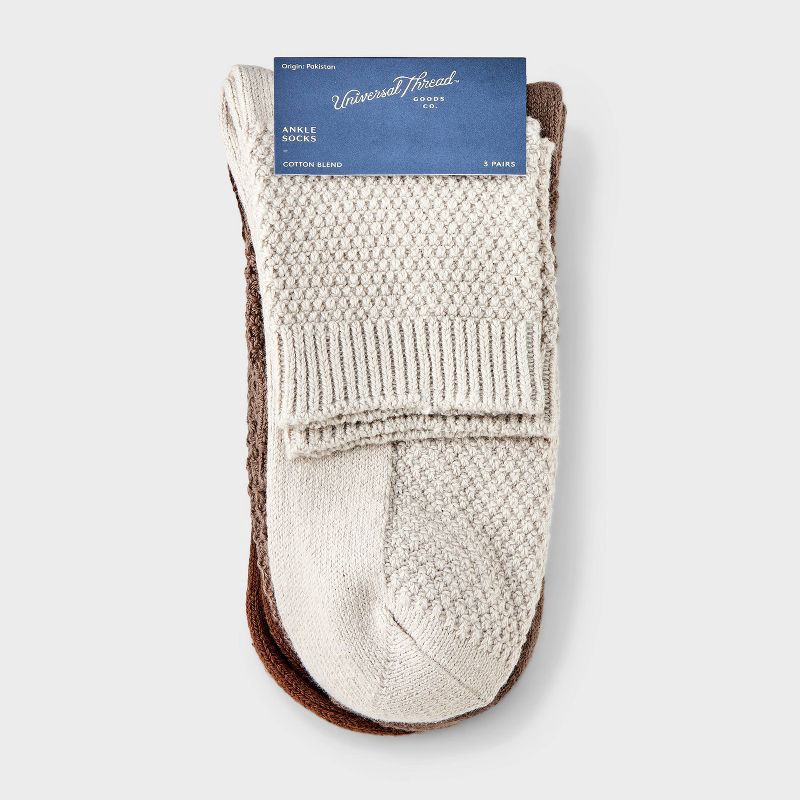 slide 2 of 3, Women's Textured Stitch 3pk Ankle Socks - Universal Thread™ Gray/Taupe/Brown 4-10: Cotton Blend, Tagless, Smooth Toe Seams, 3 ct
