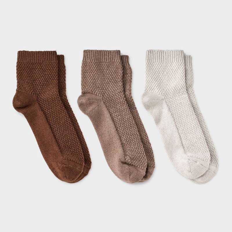 slide 1 of 3, Women's Textured Stitch 3pk Ankle Socks - Universal Thread™ Gray/Taupe/Brown 4-10: Cotton Blend, Tagless, Smooth Toe Seams, 3 ct