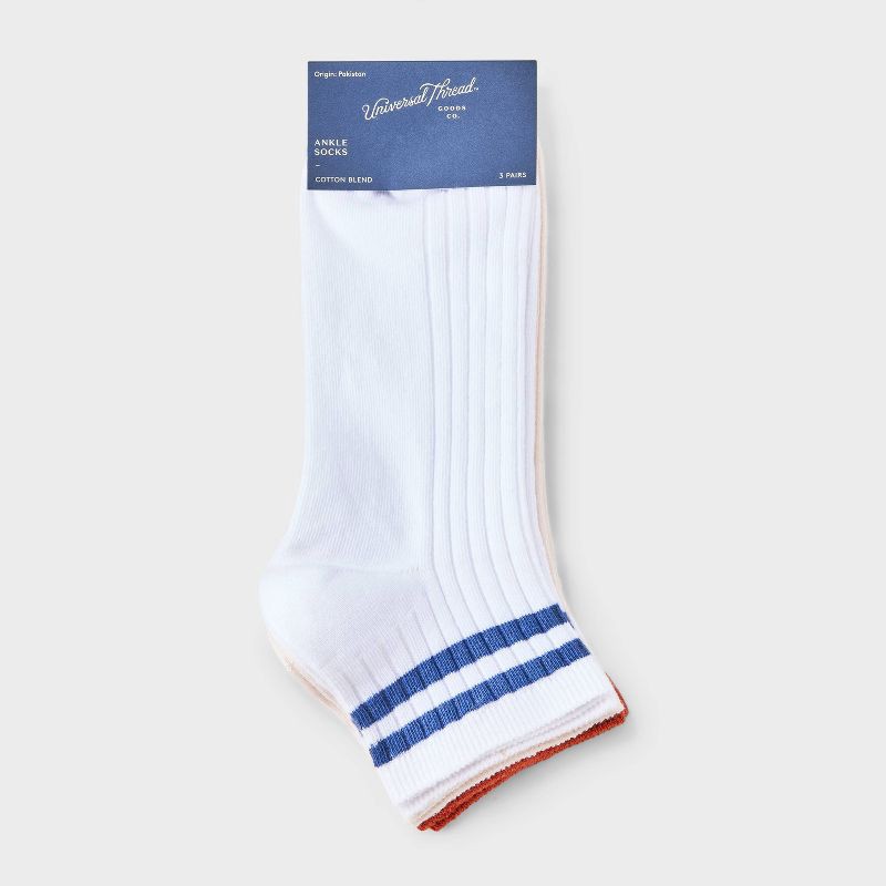 slide 2 of 3, Women's Varsity Striped Ribbed 3pk Ankle Socks - Universal Thread™ White/Pink/Coral 4-10: Tagless, 3 ct