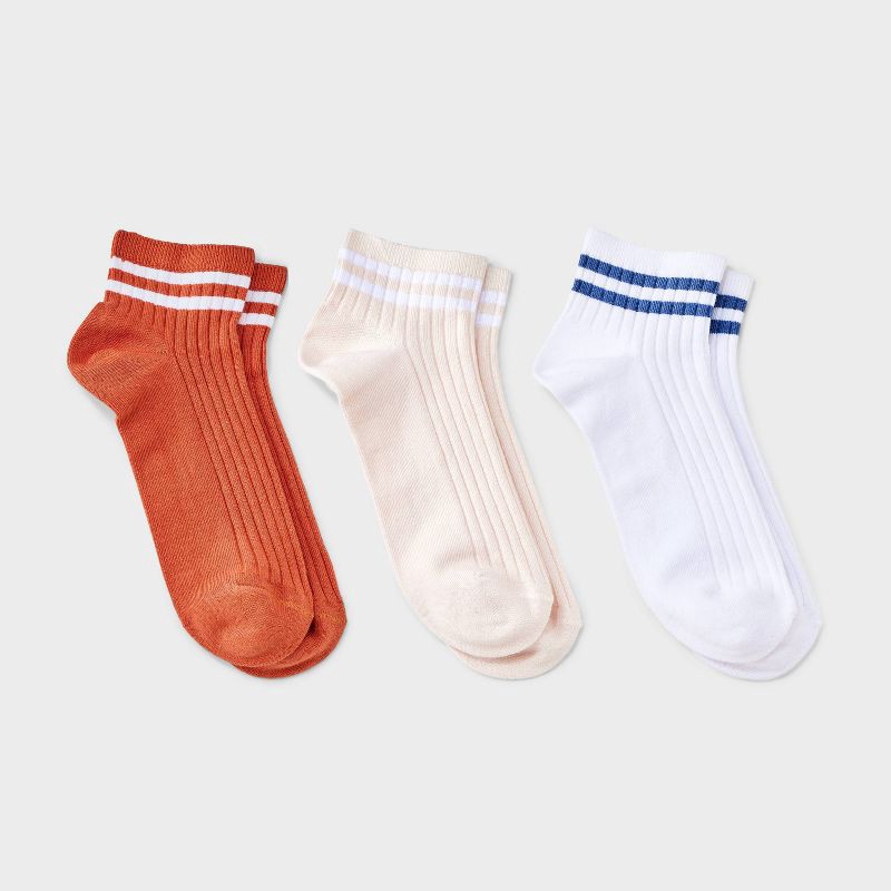 slide 1 of 3, Women's Varsity Striped Ribbed 3pk Ankle Socks - Universal Thread™ White/Pink/Coral 4-10: Tagless, 3 ct