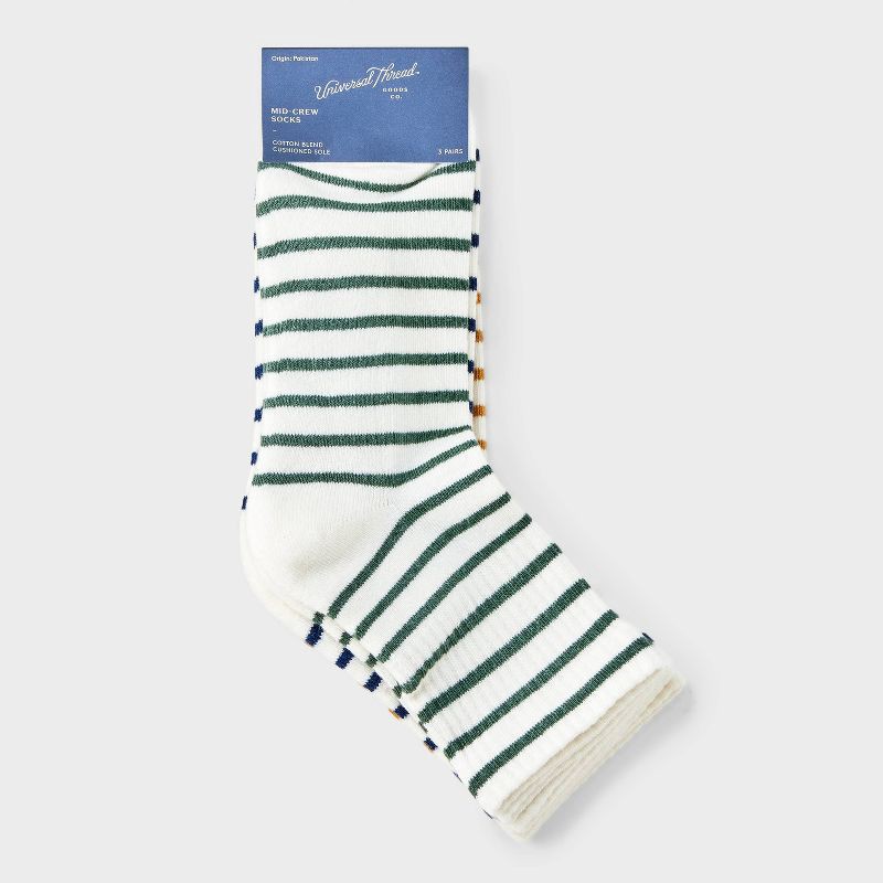 slide 2 of 3, Women's Striped Cushioned 3pk Mid Crew Socks - Universal Thread™ Olive Green/Navy/Gold 4-10: Knit, 3 ct