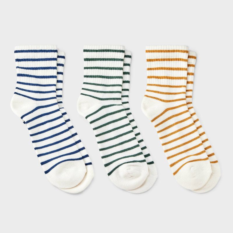 slide 1 of 3, Women's Striped Cushioned 3pk Mid Crew Socks - Universal Thread™ Olive Green/Navy/Gold 4-10: Knit, 3 ct