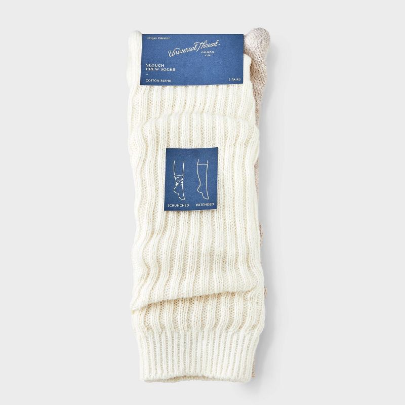 slide 3 of 4, Women's Slouch 2pk Crew Socks - Universal Thread™ Ivory/Oatmeal Heather 4-10: Cotton Blend, Tagless, Smooth Toe Seams, 2 ct