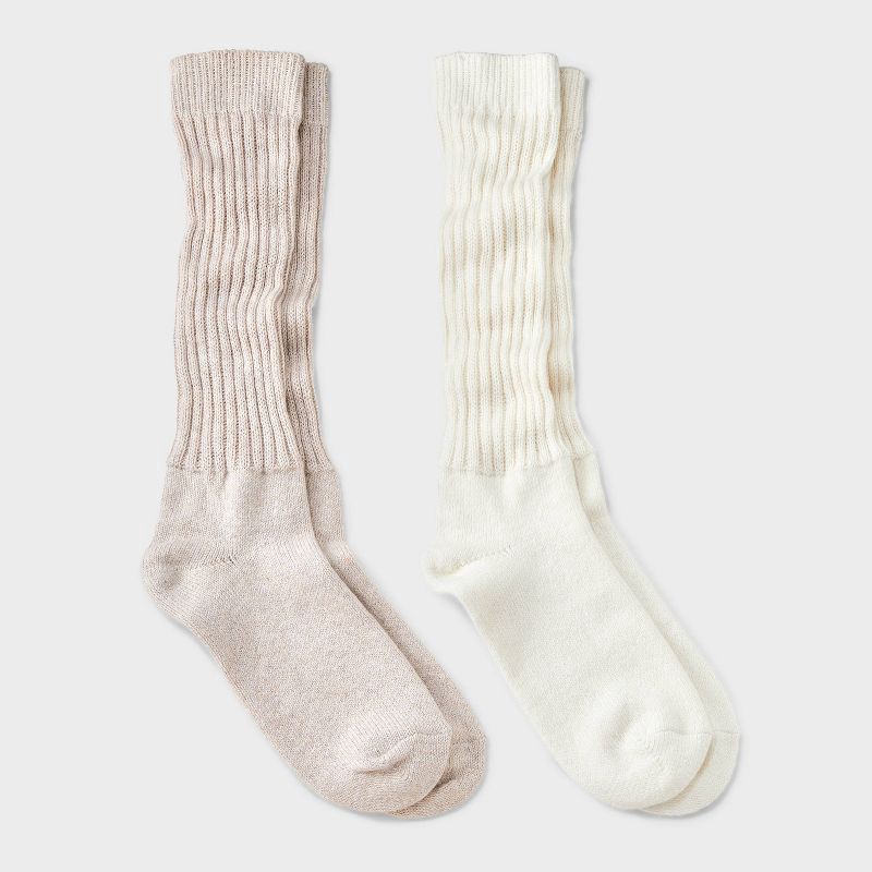 slide 1 of 4, Women's Slouch 2pk Crew Socks - Universal Thread™ Ivory/Oatmeal Heather 4-10: Cotton Blend, Tagless, Smooth Toe Seams, 2 ct