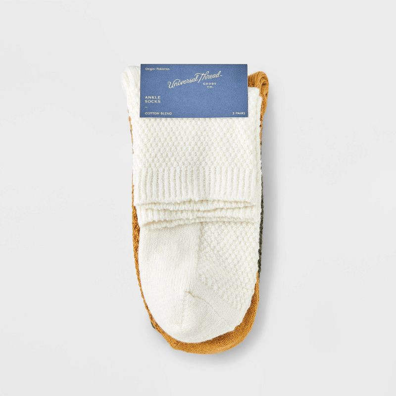 slide 2 of 3, Women's Textured Stitch 3pk Ankle Socks - Universal Thread™ Ivory/Gold/Olive 4-10: Cotton Blend, Tagless, Smooth Toe Seams, 3 ct