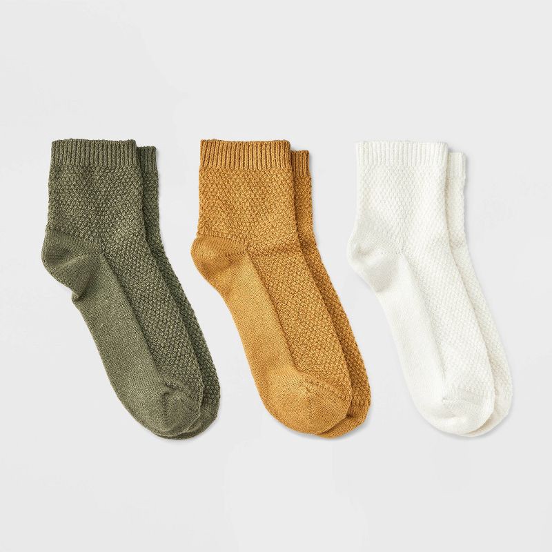 slide 1 of 3, Women's Textured Stitch 3pk Ankle Socks - Universal Thread™ Ivory/Gold/Olive 4-10: Cotton Blend, Tagless, Smooth Toe Seams, 3 ct